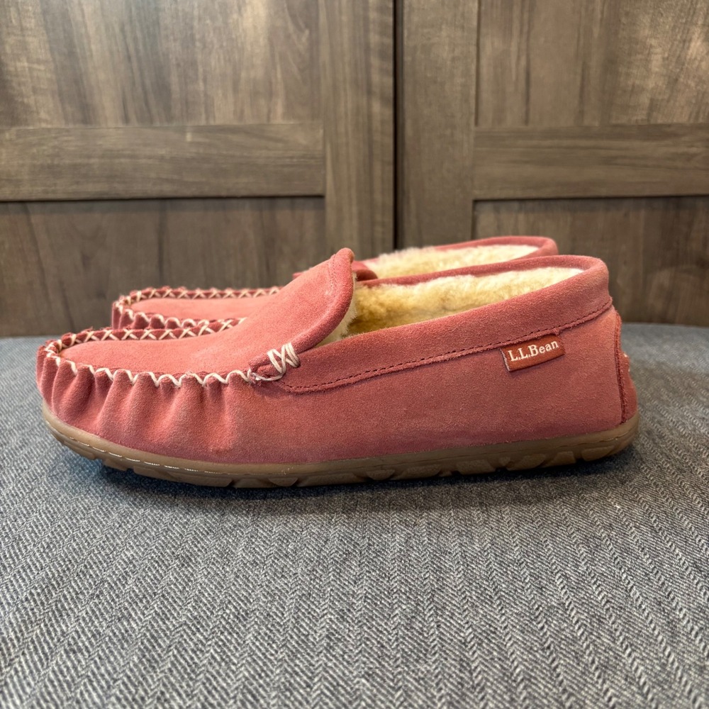 LL Bean Wicked Good Moccasins Slippers Pink Suede Shearling Womens 7 M